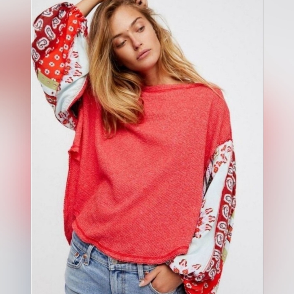 Free People Blossom Red Oversized Thermal Top with Balloon Sleeves Size Small
